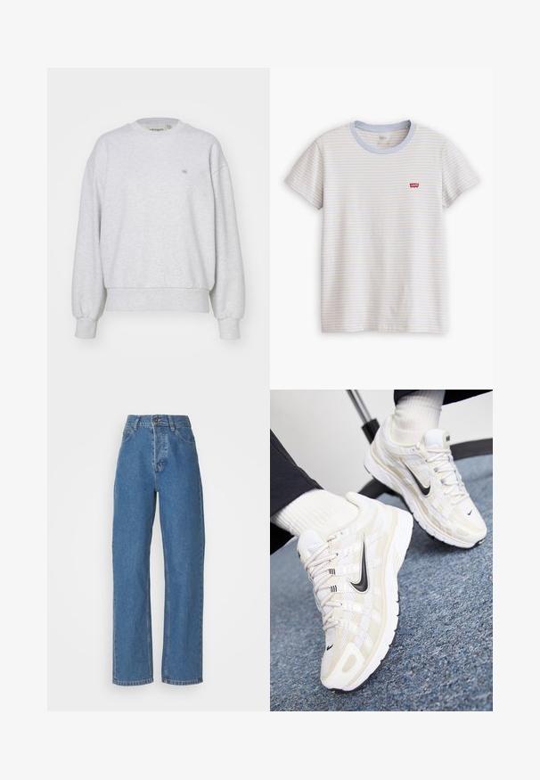 Carhartt WIP CASEY - Sweatshirt - ash heather/silver; Hvid T-shirt med korte ærmer med tynde horisontale blå og beige striber og et lille rødt Levi's-logo på venstre bryst.; Højtaljede, lige ben blå jeans med en falmet finish. Har fem lommer, en knaplukning og subtile stikninger.; Hvide og beige Nike sneakers med en mesh-overdel, tekstureret overflade, sort swoosh og en polstret sål med en skridsikker ydersål.