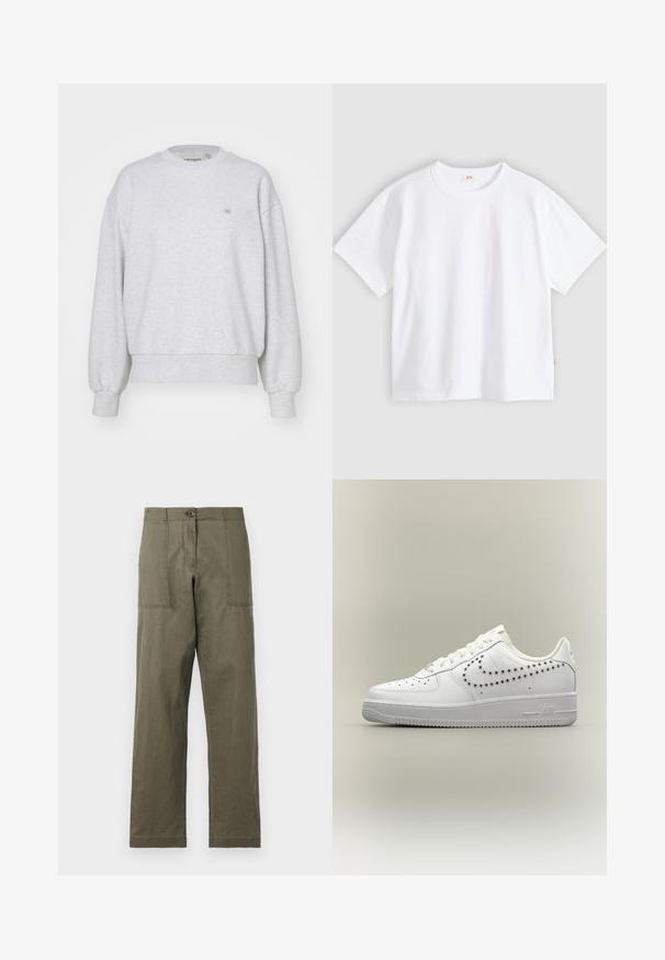 Carhartt WIP CASEY - Sweatshirt - ash heather/silver; Weißes Baumwoll-T-Shirt mit kurzen Ärmeln, rundem Ausschnitt, lockerer Passform, glatter Textur und einem kleinen Logetikett an der linken Seitennaht.; Olivgrüne Baumwollhosen mit geradem Bein, zwei großen Seitentaschen und einem Knopfverschluss an der Taille.; Weißer Sneaker mit niedrigem Schaft und perforiertem Nike-Swoosh-Design an der Seite, weißen Schnürsenkeln und strukturierter Sohle auf neutralem Hintergrund.