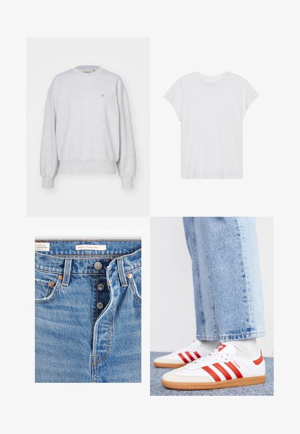 Carhartt WIP CASEY - Sweater - ash heather/silver; Witte t-shirt met korte mouwen, ronde hals, relaxte pasvorm, gemaakt van zacht katoen. Glad textuur, geen patronen of logo's.; Lichtblauwe spijkerbroek met een rechte enkelafwerking. Bevat vijf zakken, twee metalen knopen en zichtbare oranje stiksels. Labels aanwezig.; Witte leren sneakers met rode strepen en accenten. Voorzien van een getextureerde gumrubberen outsole en een gevoerde kraag. Draag ze met lichtblauwe denim.