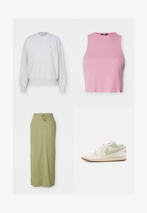 Carhartt WIP CASEY - Sweatshirt - ash heather/silver; Rosa gerippter Cropped-Top mit rundem Halsausschnitt und ärmellosem Design. Besitzt einen Saum, der knapp über der Taille endet.; Olivgrüßer Leinen-Maxikleid mit Kordelzugbund, geradem Schnitt, seitlichen Taschen und glatter Textur.; Niedriger Sneaker in Creme mit hellgrünem Nike-Swoosh, pinken Schnürsenkeln, gestrickten Stoffpaneelen und brauner Gummisohle.