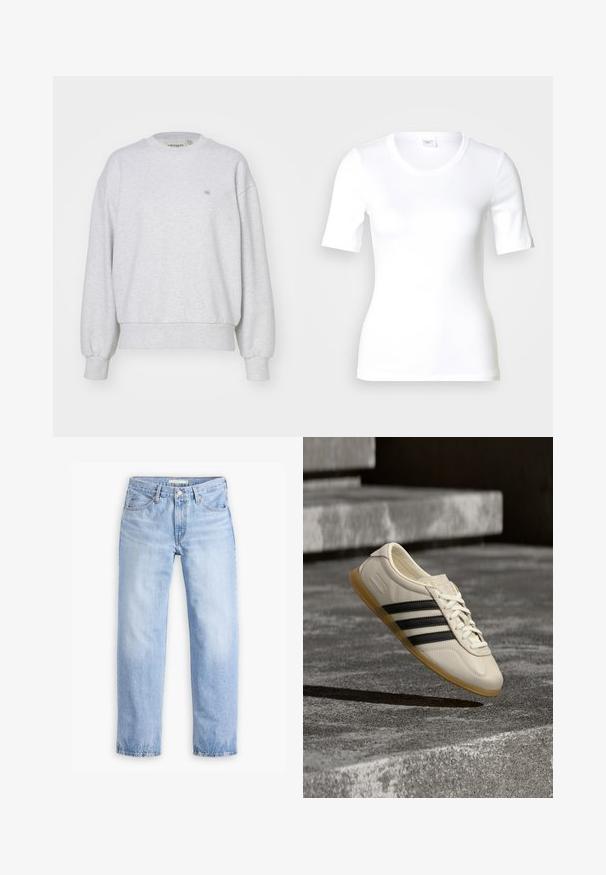 Carhartt WIP CASEY - Sweatshirt - ash heather/silver; Hvid T-shirt med korte ærmer lavet af glat bomuld, med rund halsudskæring og en tætsiddende pasform. Klassisk design uden mønstre eller detaljer.; Lyseblå denimjeans med en lige ben-design, fem lommer og en mellemhøj talje. Har en falmet struktur og håndsyet kant.; Hvid sneaker med sorte striber og gummisål svæver over betontrapper i blødt dagslys.