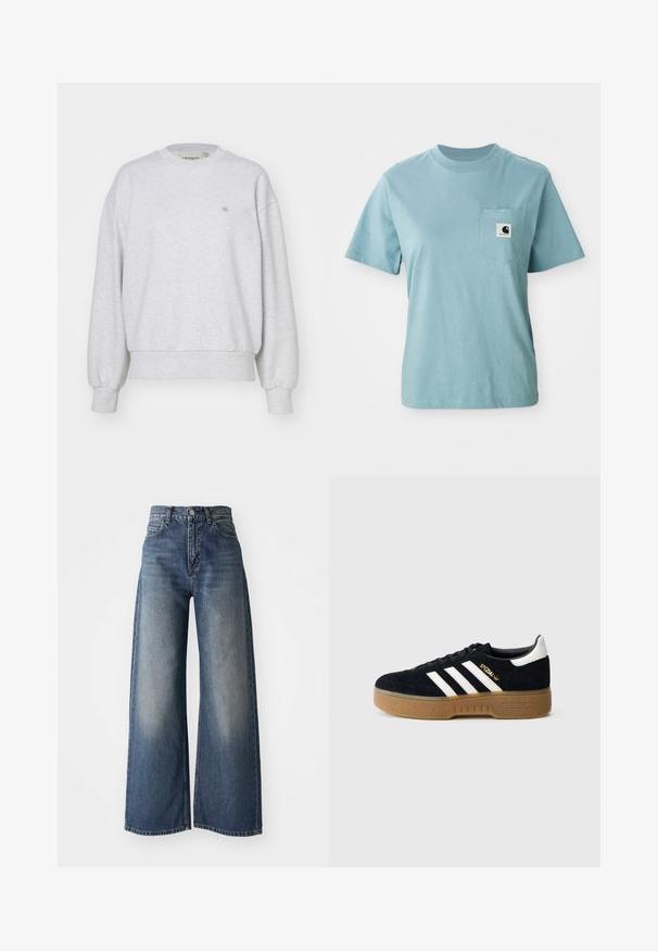 Carhartt WIP CASEY - Pusa - ash heather/silver; Heledsinine lühikeste käistega puuvillane T-särk rinnahoidjaga, millel on väike must-valge Carhartti logo plaat.; Sinine kõrge vöökoht ja laiad teksad, millel on ees nööp ja taskud, tuhm tekstuur reitel ja sirge serv.; Mustast seemisest toss mustade valgete kolmetriipude ja kuldse logoga. Kummist tald tekstuuriga haardega. Klassikalise madala variandiga, ümara varbaga.