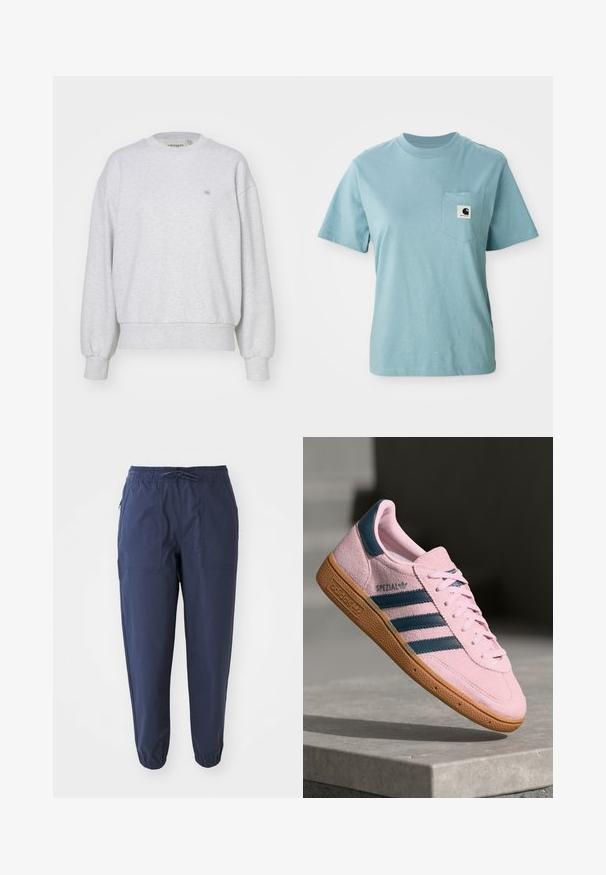 Carhartt WIP CASEY - Pusa - ash heather/silver; Heledsinine lühikeste käistega puuvillane T-särk rinnahoidjaga, millel on väike must-valge Carhartti logo plaat.; Tumedat sinised jogger-püksid, mis on valmistatud kerge kangaga, elastse vöökoha, paelaga ja kahe ees oleva taskuga. Elastsed mansetid pahkluude juures.; Hele roosa seemisnahast vabaajajalats tumesiniste kolmekordsete triipudega, kummist tallaga ja hele roosade paeltega. Küljel on "SPEZIAL" bränding.