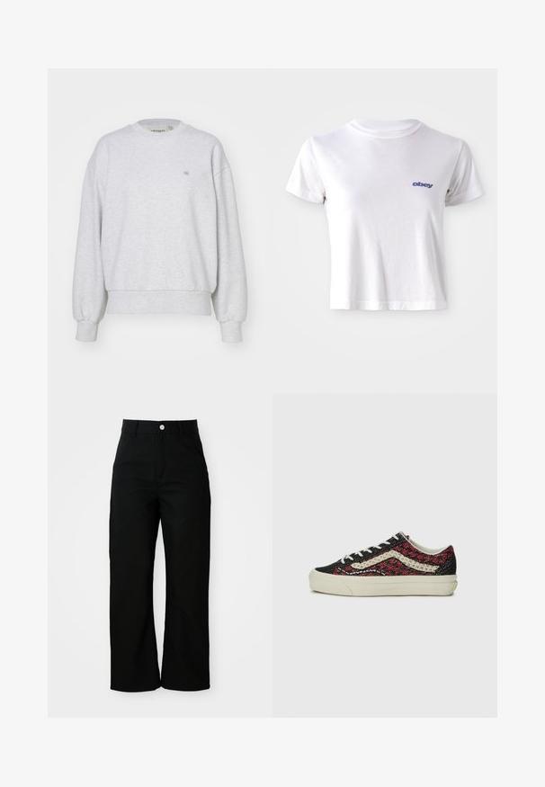 Carhartt WIP CASEY - Sweatshirt - ash heather/silver; Hvid bomulds T-shirt med rund halsudskæring og korte ærmer, med et lille blåt "obey" logo på venstre brystområde.; Sorte højtaljede bukser med lige ben, forlommer, bæltestropper og sølvfarvet knaplukning på hvid baggrund.; Vans OLD SKOOL 36 UNISEX - Sneakers - bordeaux