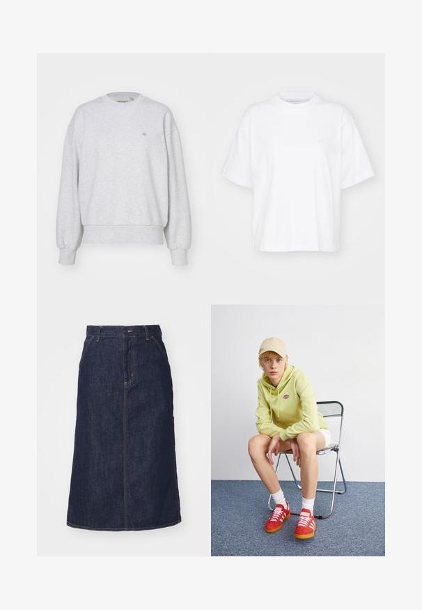 Carhartt WIP CASEY - Pusa - ash heather/silver; Valge puuvillane t-särk ümmarguse kaelusega, lühikeste varrukatega ja lõdgalt istuv. Vasakul rinnal on peen logo. Sile tekstuur.; Tume denim.seelik kõrge vöökoha, sirge lõike, esikottide ja õmmeldud õmblustega. Vöökoht on varustatud luku ja nööbiga.; Hele roheline kapuutsiga särgiga, valged lühikesed püksid, punased tossud valgete triipudega, istub kroomitud kokkuklapitaval toolil neutraalse tausta ees.