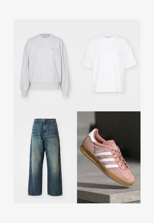 Carhartt WIP CASEY - Sweater - ash heather/silver; Witte katoenen t-shirt met een ronde hals, korte mouwen en een ontspannen pasvorm. Heeft een subtiel logo op het linkerborstgedeelte. Zachte textuur.; Wijd uitgesneden denim jeans in een vervaagde blauwe wassing. Bevat een knoopsluiting, vijf zakken en zichtbare stiksels. Materiaal heeft een zachte textuur.; Roze suède sneakers met witte strepen, rubberen gumzool, gestructureerde bovenkant en logo op de tong. Klassiek low-top ontwerp.