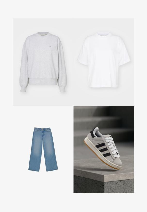 Carhartt WIP CASEY - Sweater - ash heather/silver; Witte katoenen t-shirt met een ronde hals, korte mouwen en een ontspannen pasvorm. Heeft een subtiel logo op het linkerborstgedeelte. Zachte textuur.; Lichtblauwe wijde jeans van denim, met een hoge taille, rechte snit en contrasterende stiksels. Geen versieringen of slijtage.; Grijze Adidas Campus sneaker met zwarte strepen en witte veter, zwevend boven een betonnen richel met trappen op de achtergrond.