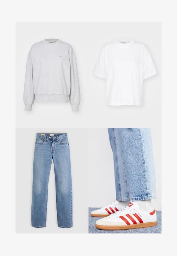 Carhartt WIP CASEY - Sweater - ash heather/silver; Witte katoenen t-shirt met een ronde hals, korte mouwen en een ontspannen pasvorm. Heeft een subtiel logo op het linkerborstgedeelte. Zachte textuur.; Lichtblauwe denim jeans met een recht model, metalen knoopsluiting, zijzakken en subtiele vervagingdetails doorheen.; Witte leren sneakers met rode strepen en accenten. Voorzien van een getextureerde gumrubberen outsole en een gevoerde kraag. Draag ze met lichtblauwe denim.