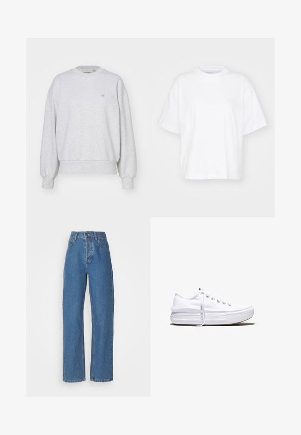Carhartt WIP CASEY - Sweater - ash heather/silver; Witte katoenen t-shirt met een ronde hals, korte mouwen en een ontspannen pasvorm. Heeft een subtiel logo op het linkerborstgedeelte. Zachte textuur.; Hoge taille, rechte blauwjeans met een vervaagde afwerking. Heeft vijf zakken, een knoopsluiting en subtiele stikdetails.; Witte lage canvas sneaker met dikke plateauzool, veters aan de voorkant en rubberen toeskap met structuur, zijaanzicht.