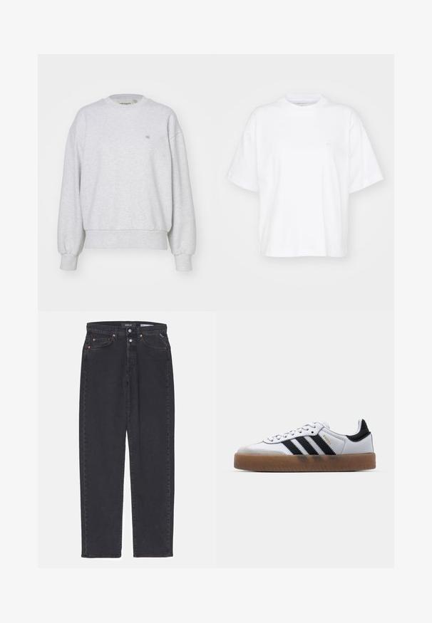 Carhartt WIP CASEY - Mikina - ash heather/silver; Biela bavlnená tričko s okrúhlym výstrihom, krátkymi rukávmi a voľným strihom. Obsahuje jemné logo na ľavej strane hrude. Hladká textúra.; Čierne denimové džínsy so strihom rovného strihu, s meďou potiahnutými nitmi, zapínaním na gombík a piatimi vreckami. Čistý dizajn bez ďalších ozdôb.; Biele kožené tenisky s čiernymi pruhmi, gumová podrážka, okrúhla špička, šnurovanie a mäkký sivý semišový špička.