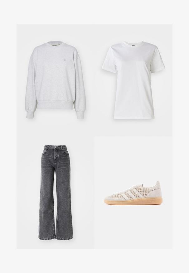Carhartt WIP CASEY - Sweatshirt - ash heather/silver; Hvid bomulds t-shirt med rund hals og korte ærmer. Stoffet er glat med en blød tekstur og uden synlige mønstre eller detaljer.; Bredde ben grå denim bukser med høj talje, der har traditionel fem-lomme styling og en subtil falmet finish.; Lyse beige ruskindssneakers med meshdetaljer, tre hvide striber og en sål i gummigummi. Har snørelukning og mærkede accenter.