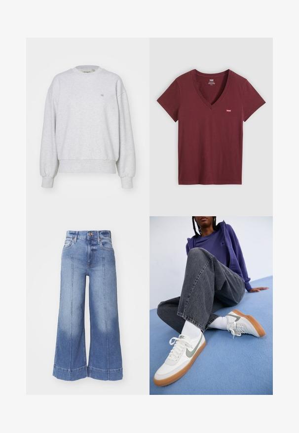 Carhartt WIP CASEY - Pusa - ash heather/silver; Lühikeste varrukatega burgundia värvi V-kaelusega Levi’s T-särk, vasakul rinnal väike punane logomärk, asetatud lamades helehallile taustale.; Heledad küljeosaga teksad helesinisel toonil, millel on kõrge talje, pleekinud disain, esikotid ja õmblusdetailid jalgade ääres.; Valged Nike spordijalatsid hallide aktsentidega, kummitald, koos valgete sokkidega. Tumedast hallist, väheselt kulunud laia säärega teksad. Sinine taust.