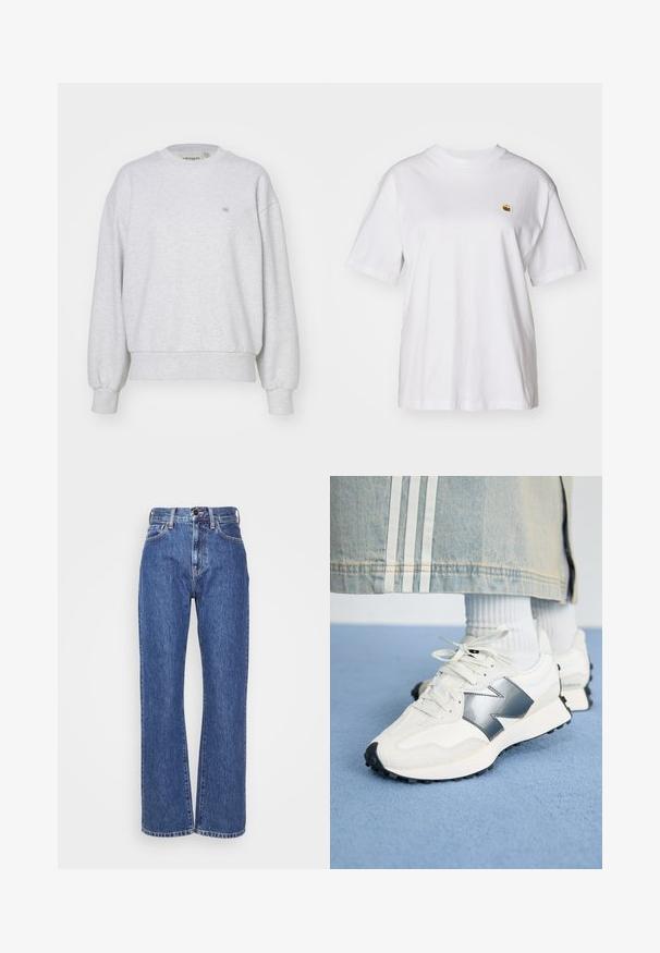 Carhartt WIP CASEY - Sweater - ash heather/silver; Witte katoenen t-shirt met een relaxte pasvorm, korte mouwen en een klein geborduurd logo op de linkerborst.; Blauwe denim jeans met een wijde pijp, hoge taille, contrasterende stiksels en klassiek vijf-pocket ontwerp. Gestructureerde stof met een gladde afwerking.; Witte sport sneakers met een zilveren accent, textiel en glad leer; met een zwarte rubberen zool en veters.