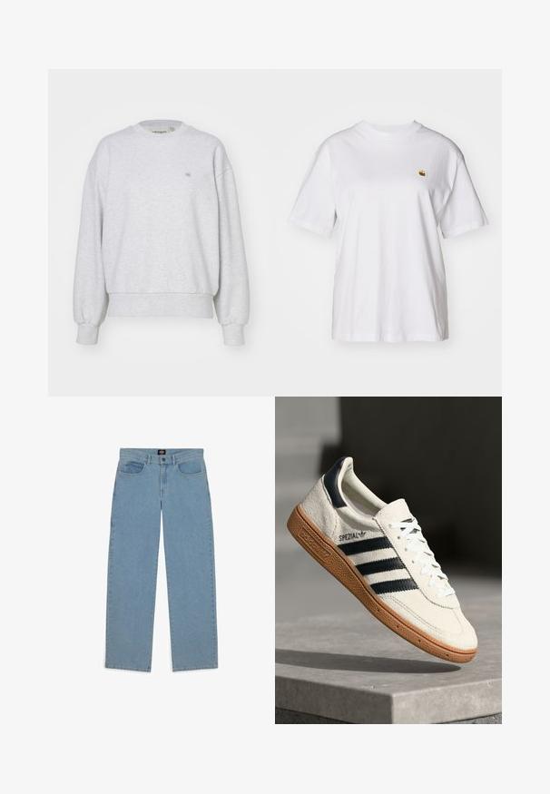 Carhartt WIP CASEY - Collegepaita - ash heather/silver; Valkoinen puuvillapaita rentoa istuvuutta, lyhyet hihat ja pieni kirjailtu logo vasemmassa rinta-alueessa.; Vaaleansinisiä farkkuja, väljät malli, denim-kangasta, viisi taskua, nappisulku, suorat lahkeet, näkyvä ompelu, ei kuvioita tai yksityiskohtia.; Valkoinen nahan näköinen sneaker, jossa on tummansinisiä raitoja, kuminen pohja, teksturoitu yläosa, pyöreä kärki ja nauhoitus; sisältää brändäystä sivussa ja kielekkeessä.