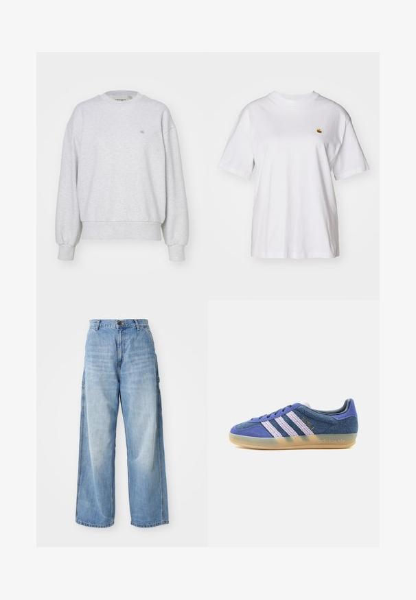 Carhartt WIP CASEY - Φούτερ - ash heather/silver; Λευκό βαμβακερό μπλουζάκι με χαλαρή εφαρμογή, κοντά μανίκια, και ένα μικρό κεντητό λογότυπο στην αριστερή περιοχή του στήθους.; Ανοιχτό γαλάζιο παντελόνι με φαρδιά γραμμή και ψηλή μέση, διαθέτοντας πλαϊνές τσέπες και ξεθωριασμένη υφή, κατασκευασμένο από τζιν ύφασμα.; Χαμηλό sneaker από μπλε σουέντ με λευκές υφασμάτινες ρίγες, διαφανές καουτσούκ σόλα και χρυσή επιγραφή "BAYRE" στο πλάι.