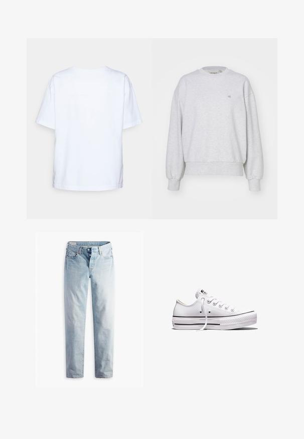Carhartt WIP CASEY - Sudadera - ash heather/silver; Camiseta de algodón blanca de manga corta vista desde atrás sobre un fondo gris claro.; Jeans de mezclilla azul claro con diseño de pierna recta, cinco bolsillos y cierres de botones metálicos en una pretina estándar.; Zapatilla blanca de lona de corte bajo con cordones blancos, suela de goma, detalles de rayas negras y parche de logo en la lengüeta y el talón.