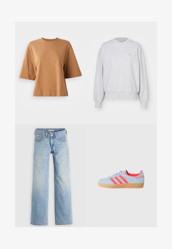 Carhartt WIP CASEY - Collegepaita - ash heather/silver; Lyhythihainen, pyöreäkauluksinen t-paita vaaleanruskeasta puuvillasta. Rennon mallinen, jossa on sileä pinta ja saumarakenne hihoissa ja helmassa.; Vaaleansiniset leveälahkeiset farkut, jotka on valmistettu denim-kankaasta. Ne ovat napilliset, takana on taskut, ja pesu on hieman haalistettu rennon ilmeen luomiseksi.; Vaaleansininen mokkanahkainen sneakeri, jossa on kolme vaaleanpunaista raitaa, kumipohja ja ommellut yksityiskohdat. Varustettu pehmustetulla kauluksella ja retrotyylisillä elementeillä.