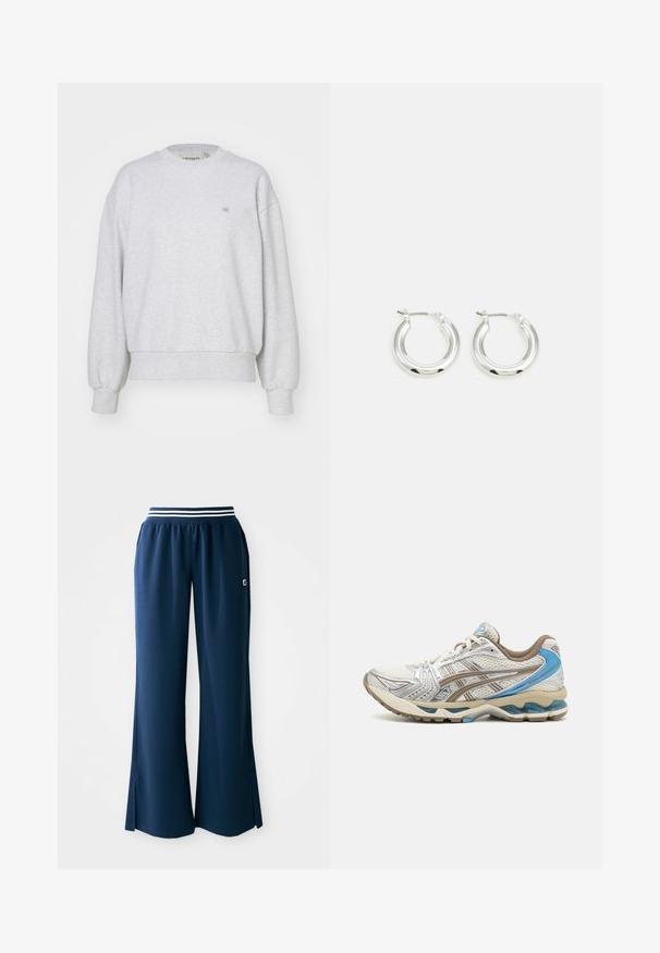 Carhartt WIP CASEY - Mikina - ash heather/silver; Námořnické modré športové nohavice so širokým nohavicami, elastickým pásom s bielym pruhom a bočnými rozparkami pre väčšiu pohyblivosť. Logo na vrecku.; Bielo-béžová bežecká obuv s modrými akcentmi, sieťovinovým zvrškom, polstrovanou podrážkou a šnurovaním, zobrazená z vonkajšej strany.; Strieborné kruhové náušnice s lešteným povrchom, ktoré majú kruhový tvar a závesné zapínanie. Hladký povrch s minimálnymi detailmi.