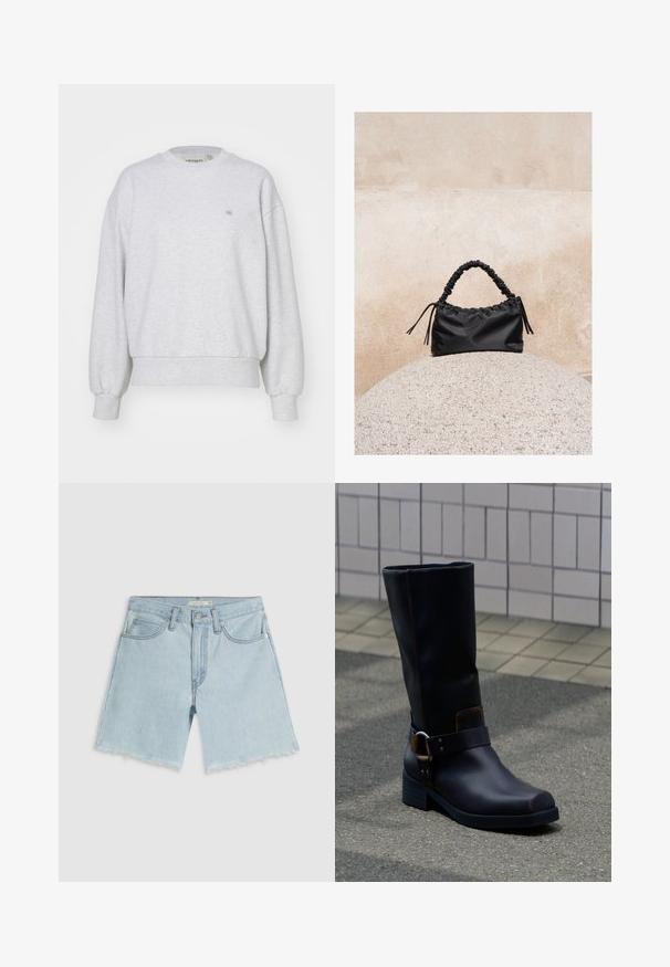 Carhartt WIP CASEY - Pusa - ash heather/silver; Hele sinised teksapüksid, millel on narmendavad ääred, neli taskut ja tõmblukk; iseloomustab õrn pleekimine ja hõbedase tooniga riistvara.; Must nahapolvesaapahv madala kontsa ja dekoratiivse rihmaga metallist pandlaga, seisab hallil sillutatud pinnal plaatidest seina lähedal.; Must kurruline käekott korjatud sangaga, mis toetub tekstuurse kivikuuli peale beeži betoonseina taustal.