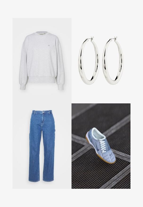 Carhartt WIP CASEY - Sweatshirt - ash heather/silver; Blå denim bukser med høj talje og lige ben, der har en frontknaplukning og sidelommer. Glat tekstur uden synlige mønstre.; Lys blå denim sneaker med hvide snørebånd og mørkeblå accenter, med rund tå og gummirødsål. Tekstureret overflade med syningsdetaljer.; Sølv hoops øreringe med en glat, reflekterende overflade. Rund, stor form med en sikker lås øverst. Den polerede finish fremhæver glansen.