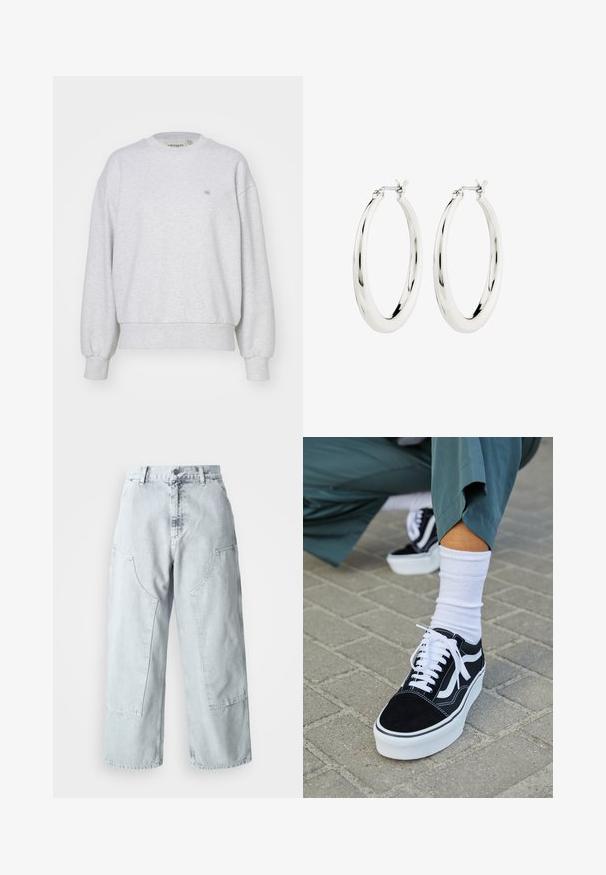 Carhartt WIP CASEY - Sweatshirt - ash heather/silver; Helle blaue Denim-Hosen mit weitem Bein, großen Seitentaschen, hohem Bund und lockerer Passform. Abgenutzte Textur mit verwaschenem Finish.; Schwarze Wildledersneaker mit weißen Akzenten und Schnürsenkeln, ausgestattet mit einer dicken weißen Sohle und kontrastierenden Nähten, kombiniert mit einer weißen Socke.; Silberne Creolen mit einer glatten, glänzenden Oberfläche. Kreisform, ausgestattet mit einem sicheren Verschluss. Einfaches und elegantes Design.