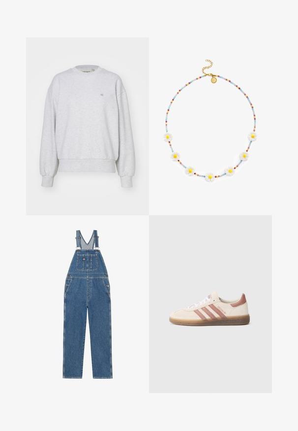 Carhartt WIP CASEY - Sweatshirt - ash heather/silver; Denim overalls med justerbare stropper, V-formet brystlomme, frontlomme og sidelommer. Har en klassisk blå farve og kontrastsyninger.; Beige ruskindssneaker med pink detaljer, tre pink striber, hvide snørebånd og en gennemsigtig gummisål. "Spezial" branding på siden.; Halskæde med flerfarvede små perler og syv jævnt fordelte hvide marguritformede perler med gule centre, guldlås og forlængerkæde.