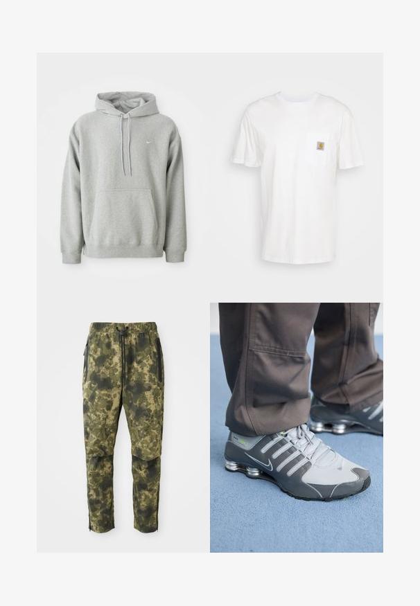 Grauer Hoodie aus weichem Material mit einer Kängurutasche, Kordelzugkapuze und kleinem weißen Logo auf der Brust. Bequemer, lässiger Schnitt.; Weißes Baumwoll-T-Shirt mit kurzen Ärmeln, einer Brusttasche und einem kleinen quadratischen Logopatch in Orange und Weiß auf der Tasche.; Tarnhosen in verschiedenen Grüntönen mit einem digitalen Muster. Sie verfügen über einen elastischen Bund, einen Kordelzug und seitliche, mit Reißverschluss ausgestattete Taschen.; Graue und silberne Nike Shox Sneakers zeichnen sich durch ein schlankes Design aus, mit Netz- und Synthetikmaterialien, einer abgerundeten Zehenpartie und einem gepolsterten Schuhkragen.