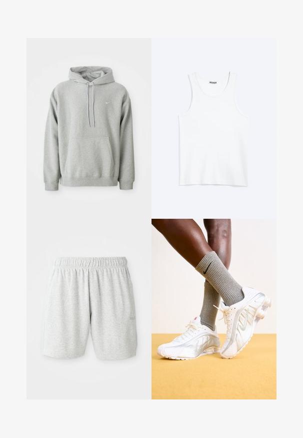 Grå hættejakke lavet af blødt stof med en kengurulomme, snor i hætten og lille hvidt logo på brystet. Behagelig, afslappet pasform.; Hvid ærmeløs tanktop med rund halsudskæring og Weekday-mærke på den indvendige baghals, vist fladt på lys baggrund.; Grå bomuldsbukser med elastisk talje, der har en glat tekstur og sidelommer. Diskret logodetalje ved kanten.; Nike sneakers i hvid med sølv accenter, der har teksturerede paneler og perforeringer. Sammen med grå ribbede sokker, sat mod en gul baggrund.