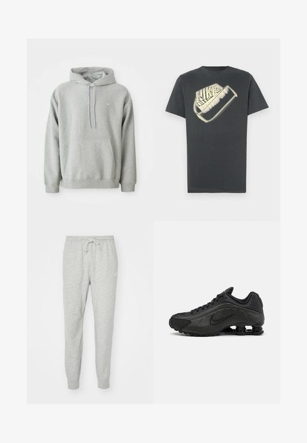 Sudadera gris hecha de un tejido suave con un bolsillo tipo canguro, capucha con cordón y un pequeño logo blanco en el pecho. Ajuste cómodo y casual.; Camiseta de algodón gris oscuro con cuello redondo. Presenta un gran logo estilizado de "Nike" en un color más claro en la parte delantera.; Pantalones de chándal grises hechos de material suave, con cintura elástica, cierre de cordón y puños acanalados. Presenta un pequeño logo en el costado.; Zapatillas de running negras con un upper sintético liso, detalles perforados, paneles laterales texturizados y una suela distintiva y elástica.