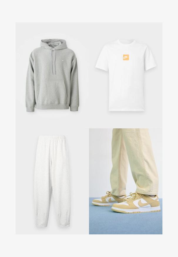 Grauer Hoodie aus weichem Material mit einer Kängurutasche, Kordelzugkapuze und kleinem weißen Logo auf der Brust. Bequemer, lässiger Schnitt.; Weißes Kurzarm-T-Shirt aus Baumwolle mit kleinem orangefarbenem Quadrat auf der Brust, das das weiße Nike-Logo und den Swoosh zeigt.; Hellgraue Sweatpants aus weichem Stoff, mit einem elastischen Bund, schmal zulaufenden Beinen und Fußbündchen. Einfaches Design ohne Muster.; Gelbe und weiße Sneaker aus Wildleder und Leder, mit runden Schnürsenkeln, im Low-Top-Design und einer strukturierten Gummisohle.