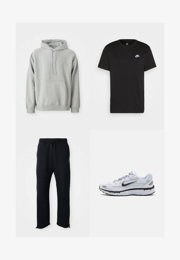 Grijze hoodie van zachte stof met een buidelzak, capuchon met trekkoord en klein wit logo op de borst. Comfortabele, casual pasvorm.; Zwart katoen T-shirt met korte mouwen, ronde hals en een klein wit Nike-logo op de bovenste linkerborst. Gladde textuur. Klassieke pasvorm.; Zwarte sportbroek met elastische tailleband en trekkoord, met zijzakken, taps toelopende pijpen en ritsen bij de enkels. Glad textuur.; Witte hardloopschoen met een bovenkant van mesh, ronde neus, zwarte accenten en een geëtst zool. Kenmerken van veters en branding aan de zijkant.
