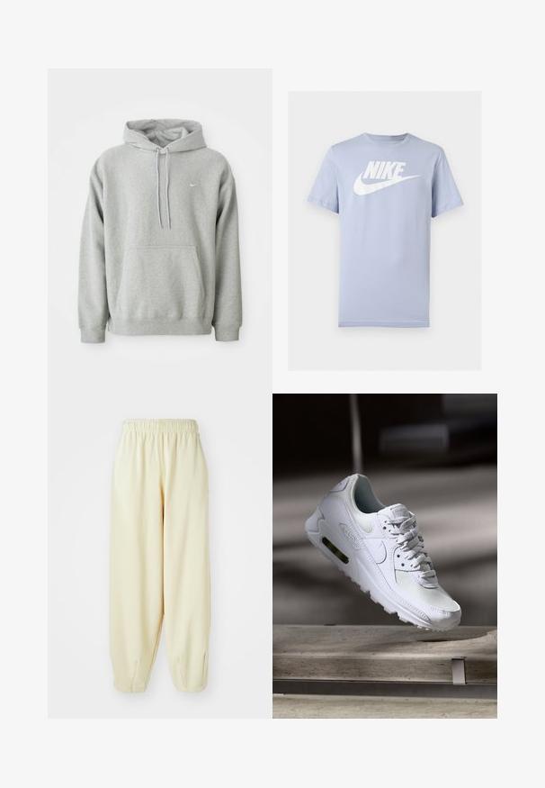 Sudadera gris hecha de un tejido suave con un bolsillo tipo canguro, capucha con cordón y un pequeño logo blanco en el pecho. Ajuste cómodo y casual.; Camiseta de algodón de manga corta color azul claro con logo y símbolo Nike blancos en el pecho, mostrada sobre un fondo liso.; Pantalones de chándal color crema con cintura elástica, puños de pierna ajustados y un corte holgado. Hechos de una tela suave y ligera.; Zapatilla Nike Air Max 90 blanca con parte superior de malla y cuero, caja de puntera perforada y unidad de aire visible en el talón.