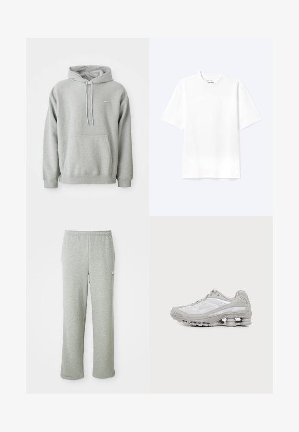 Grijze hoodie van zachte stof met een buidelzak, capuchon met trekkoord en klein wit logo op de borst. Comfortabele, casual pasvorm.; Effen witte T-shirt met korte mouwen en ronde hals, met een losse pasvorm, weergegeven op een lichte achtergrond.; Grijze sweatpants van een zachte katoenmix, met een elastische tailleband, recht model en een klein logo aan de linkerkant.; Grijze en witte sportschoen met zichtbare luchtkussenzool en meshpanelen, in profiel weergegeven op een eenvoudige lichte achtergrond.