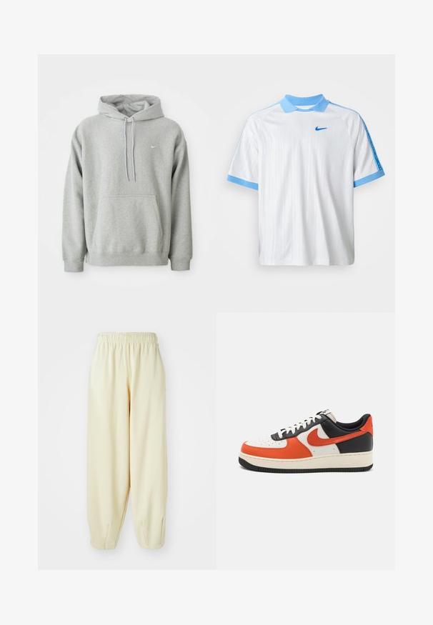 Grauer Hoodie aus weichem Material mit einer Kängurutasche, Kordelzugkapuze und kleinem weißen Logo auf der Brust. Bequemer, lässiger Schnitt.; Weißes Nike Sportshirt mit hellblauem Kragen, Ärmelabschlüssen und Schulterstreifen, versehen mit einem kleinen blauen Nike-Swoosh auf der Brust.; Cremefarbene Sweatpants mit einem elastischen Bund, schmal zulaufenden Beinen und einer lockeren Passform. Hergestellt aus weichem, leichtem Material.; Sneaker aus weißem, schwarzem und orangefarbenem Leder. Merkmale sind eine perforierte Zehenpartie, schwarze Schnürsenkel und eine strukturierte Gummisohle mit 'AIR'-Branding.