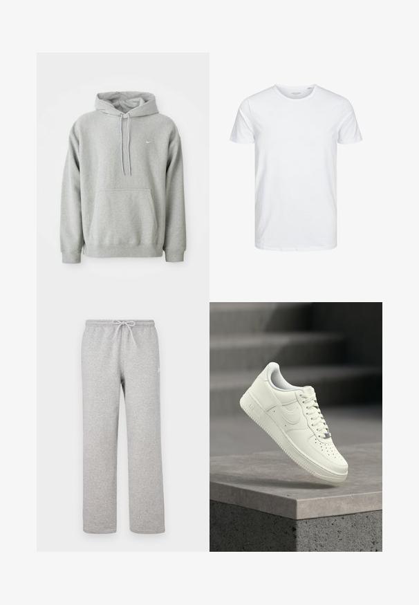 Grijze hoodie van zachte stof met een buidelzak, capuchon met trekkoord en klein wit logo op de borst. Comfortabele, casual pasvorm.; Ronde hals kortemouwen t-shirt in effen wit, gemaakt van zachte katoen, heeft een eenvoudig ontwerp zonder zichtbare patronen of accenten.; Grijze joggingbroek met een elastische tailleband en trekkoord. Gemaakt van zachte stof, met rechte pijpen en subtiel logodetail.; Witte leren sneaker met een laag profiel, een gestructureerd oppervlak, perforaties op de neus en zilverkleurige accenten op de veters en het logo.