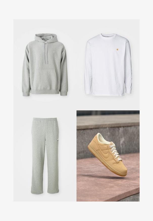 Haut à capuche gris en tissu doux avec une poche kangourou, un cordon de serrage et un petit logo blanc sur la poitrine. Coupe confortable et décontractée.; T-shirt à manches longues blanc en coton. Présente un petit logo doré sur la poitrine et un col rond. Design simple et coupe standard.; Pantalon de jogging gris en tissu mélangé de coton doux, avec une taille élastique, une coupe droite et un petit logo sur le côté gauche.; Baskets basses Nike couleur beige avec lacets blancs et semelle en gomme flottant au-dessus d'une surface en pierre et d'un fond en béton.