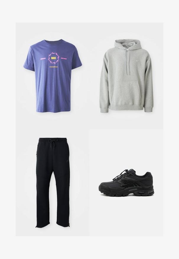 Grå hættejakke lavet af blødt stof med en kengurulomme, snor i hætten og lille hvidt logo på brystet. Behagelig, afslappet pasform.; Lilla bomulds T-shirt med korte ærmer, der har et dristigt grafisk design. Inkluderer "Nike" i gult inden i en lyserød virvel og tekst accenter.; Sorte træningsbukser med elastisk linning og snoretræk, har sidelommer, smalle ben og lynlåse ved anklerne. Glat tekstur.; Sort atletisk sneaker med tekstureret stof, tyk polstret sål, luftventiler og snørelukning, vist fra siden på en lys baggrund.
