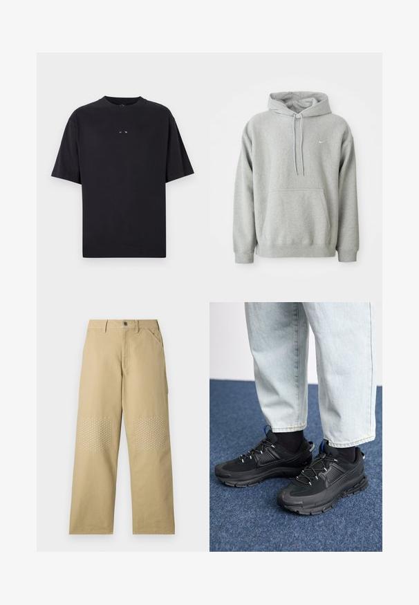 Šedá mikina s kapucňou vyrobená z jemného materiálu, s klokankou, sťahovacou kapucňou a malým bielym logom na hrudi. Pohodlný, voľný strih.; Oakley RISE TEE - Základné tričko - blackout; Khaki bavlnené nohavice so strihom rovného nohavice, ktoré majú biele krížové prešívanie na kolenných vankúšikoch a predné uzatváranie na gombík.; Čierne športové topánky s textúrovanou tkaninou a gumovou podrážkou, so elastickými šnúrkami a modrým akcentom na päte. Nosia sa s svetlými riflami.