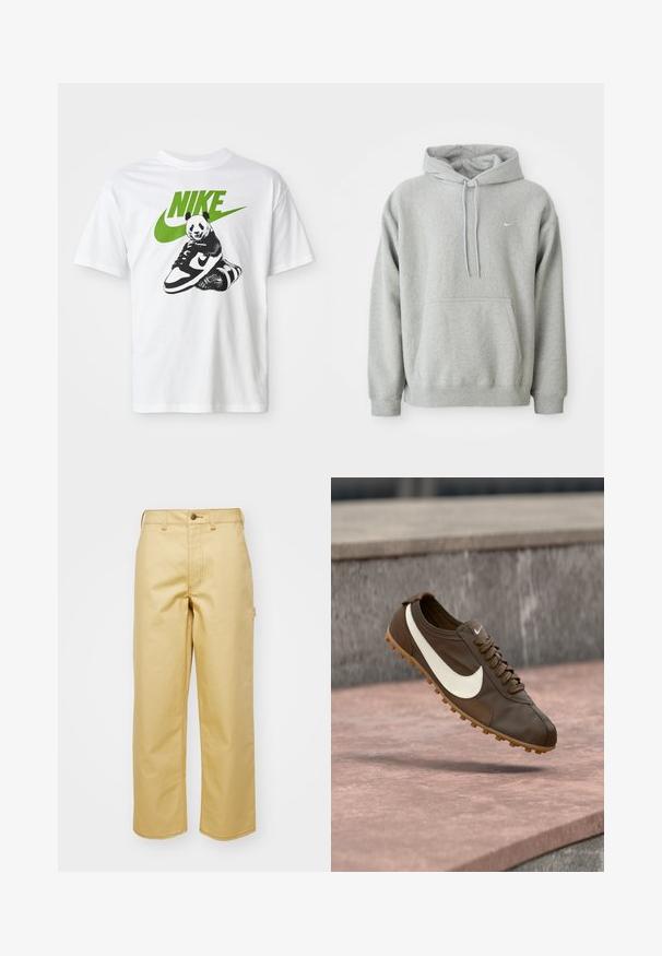 Grauer Hoodie aus weichem Material mit einer Kängurutasche, Kordelzugkapuze und kleinem weißen Logo auf der Brust. Bequemer, lässiger Schnitt.; Weißes Baumwoll-T-Shirt mit einem schwarz-weißen Panda-Graphic, der einen Nike-Sneaker hält, mit einem grünen Nike-Logo darüber.; Beige, weit geschnittene Hose aus Baumwolle mit einem Knopfverschluss vorne, Gürtelschlaufen und Seitentaschen. Glatte Textur mit sichtbaren Nähdetails.; Brauner Nike Laufschuh mit weißem Swoosh-Logo und Gummisohle, der über einer rosa Steinoberfläche mit grauem Stein-Hintergrund schwebt.