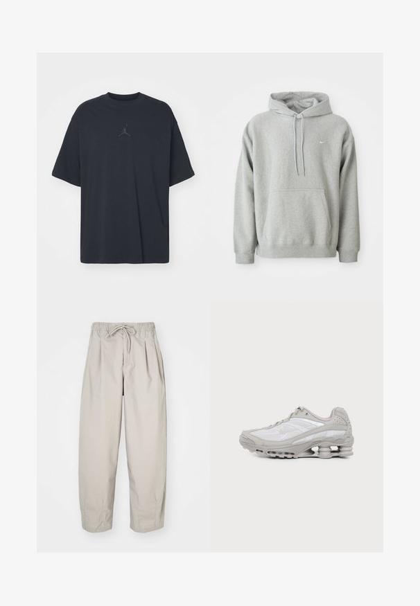 Grauer Hoodie aus weichem Material mit einer Kängurutasche, Kordelzugkapuze und kleinem weißen Logo auf der Brust. Bequemer, lässiger Schnitt.; Schwarzes Baumwoll-T-Shirt mit lockerem Schnitt, rundem Hals, kurzen Ärmeln, mit einem dezenten Logo und dem Text "AIR" über dem Logo in der Mitte.; Beige, leichte Hose mit elastischem Bund und Zugband. Sie verfügt über Falten und eine lockere Passform, gefertigt aus weichem, glattem Stoff.; Grauer und weißer Sportschuh mit sichtbarer Luftpolstersohle und Mesh-Einsätzen, im Profil auf einfachem hellem Hintergrund gezeigt.