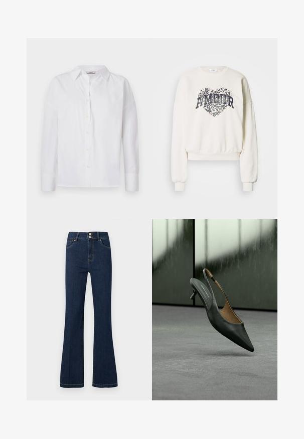 Crèmekleurige cropped sweatshirt met lange mouwen. Voorzien van een grote hartgrafiek in luipaardprint met het woord "AMOUR" in gedurfde marineblauwe letters.; Witte button-up shirt van katoen, met lange mouwen, een klassieke kraag en subtiele stikdetails.; Donkerblauwe spijkerbroek met hoge taille, dubbele knoopsluiting, voorzakken en licht uitlopende pijpen.; Zwarte slingback kittenheel schoen met spitse neus, een dunne band en "ANNA FIELD" label op de binnenzool, tegen een vage grijze achtergrond.