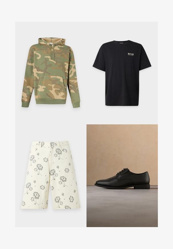 Sweat-shirt à capuche à imprimé camouflage vert et beige avec poche kangourou devant et cordon de serrage à la capuche.; T-shirt noir à manches courtes avec des caractères japonais blancs et un texte indiquant « "BEYOND THE NORMALITY" » sur le haut gauche de la poitrine.; Shorts crème longueur genou avec imprimé floral noir, poches avant, passants de ceinture et fermeture à glissière.; Chaussure Oxford en cuir noir avec lacets, suspendue en l'air au-dessus d'un tapis beige dans un cadre minimaliste.