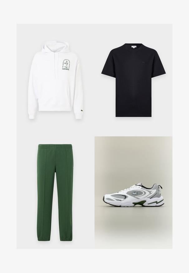 Weißer Hoodie mit einer Kängurutasche, Kapuze mit Kordelzug und grünem, aufgedrucktem Lacoste-Logo. Rippbündchen und Saum. Weiche Stofftextur.; Schwarzes T-Shirt mit kurzen Ärmeln und Rundhalsausschnitt, mit kleinem, tonigem Krokodil-Logo auf der linken Brust.; Grüne Jogginghose aus weichem Material; mit Gummizugbund, schmal zulaufenden Beinen und einem kleinen Logo an der Seite.; Weiße und graue sportliche Laufschuhe mit Netzeinsätzen, grünen Akzenten, schwarzen Details und einem Logo an der Seite, von der Außenseite gezeigt.