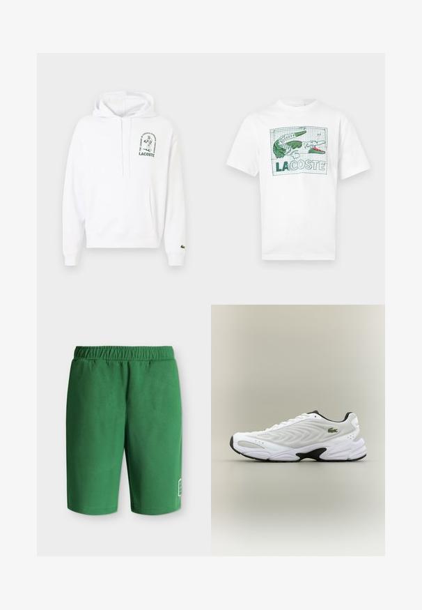 Haut à capuche blanc avec une poche kangourou, cordon de serrage à la capuche et logo Lacoste imprimé en vert. Poignets et ourlet côtelés. Texture de tissu douce.; T-shirt blanc à manches courtes avec un crocodile brodé en vert et rose et le texte "LACOSTE" sur un fond à motif quadrillé à l'avant.; Shorts décontractés verts avec taille élastique et petit logo blanc près du bas de la jambe gauche sur un fond uni.; Baskets de sport blanches avec un dessus en mesh texturé, un design courbé et une semelle noire contrastante. Présente un logo brodé vert sur le côté.