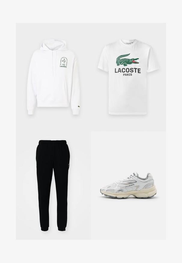 Sudadera blanca con bolsillo tipo canguro, capucha con cordón y logo de Lacoste impreso en verde. Puños y dobladillo de canalé. Textura de tela suave.; Lacoste Camiseta estampada - white; Pantalones de chándal negros con cintura y puños elásticos. Hechos de una tela suave, presentan un pequeño logotipo en la parte superior izquierda.; Zapatillas deportivas blancas con detalles en gris, parte superior de malla y sintético, diseño de cordones, y suela de goma texturizada con patrones de tracción.