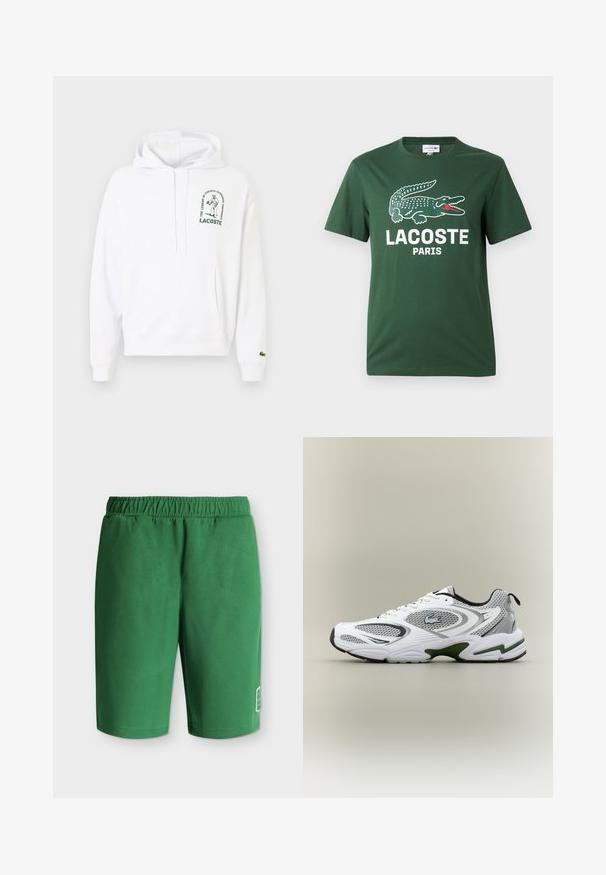 Haut à capuche blanc avec une poche kangourou, cordon de serrage à la capuche et logo Lacoste imprimé en vert. Poignets et ourlet côtelés. Texture de tissu douce.; T-shirt vert à manches courtes avec un grand crocodile graphique blanc et rouge au-dessus du texte « LACOSTE PARIS » sur le devant.; Shorts décontractés verts avec taille élastique et petit logo blanc près du bas de la jambe gauche sur un fond uni.; Baskets de course blanches et grises avec des panneaux en mesh, accents verts, détails noirs et un logo sur le côté, présentées par l'extérieur.