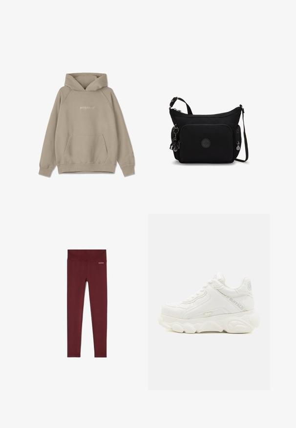Beige Kapuzenpullover mit Kängurutasche, Kordelzugkapuze und gerippten Bündchen. Auf der Vorderseite und dem Ärmel befindet sich eine dezente Logo-Stickerei.; Bordeauxfarbene gerippte Leggings mit breitem Bund, aus strukturiertem Stoff und einem kleinen Markenlogo an der Hüfte für zusätzliche Details.; Weißer klobiger Sneaker mit dicker Sohle, Schnürdesign und "Buffalo" Branding an der Seite und Ferse.; Schwarze Nylon-Crossbody-Tasche mit einem Reißverschluss, einer Fronttasche und einem runden Logo. Sie verfügt über einen abnehmbaren Charm und einen verstellbaren Schultergurt.