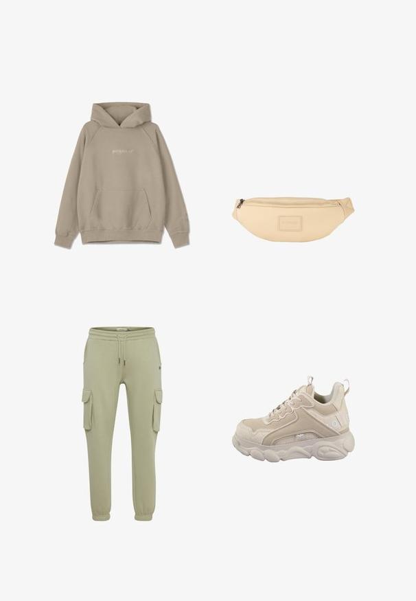 Beige hoodie met een kangoeroezak, trekkoordcapuchon en geribde manchetten. Kenmerkt een subtiele logo- borduring op de voorkant en mouw.; Lichtgroene cargobroeken van zacht stof, met zijzakken, elastische manchetten en een koordje in de taille voor een verstelbare pasvorm.; Beige sneaker met een combinatie van glad leer en gestructureerde panelen, voorzien van een gevoerde zool, veters en een merkdetail op de zijkant.; Beige heuptasje met een zachte, matte afwerking. Voorzien van een rits, met een klein geperst logo aan de voorkant. Compact en gestroomlijnd ontwerp.