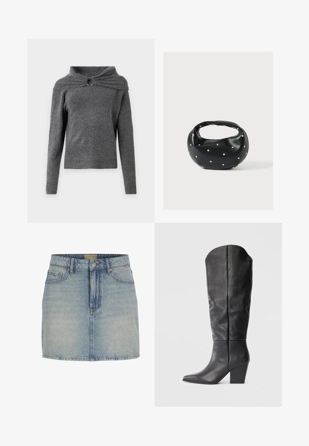 Grauer Pullover aus weichem Strickstoff, mit einem einzigartigen Kragendesign und einem Twist-Detail sowie silbernen Hardware-Akzenten. Lange Ärmel, gerippter Saum.; Hellblaues Jeans-Minikleid mit schmaler Taille, Frontknopfverschluss, fünf Taschen und einem dezenten Ausbleichen des Stoffes.; Schwarze kniehohe Stiefel aus Leder mit spitzem Zeh und blockigem Absatz. Das Design zeichnet sich durch eine glatte Textur und minimalistische Linien aus.; Schwarze Lederhandtasche mit abgerundeter Form, verziert mit silbernen Nietenakzenten und kurzem Griff. Glatte Struktur und Reißverschlussverschluss.