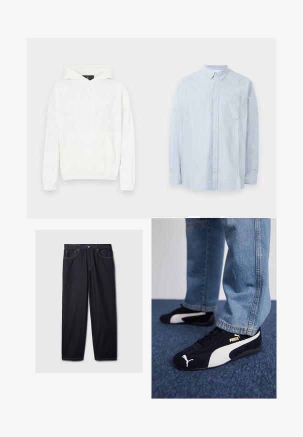 Hvid hættetrøje med blød tekstur, der har en frontlomme og et subtilt, præget tekstmønster på stoffet.; Lyseblå skjorte med knapper og hvide lodrette striber, med krave, lange ærmer og en brystlomme. Lavet af et blødt materiale.; Mørke denim jeans med lige pasform, der har en knap- og lynlås-lukning, to frontlommer og kontrastfarvet orange syning.; Sorte ruskinds sneakers med hvide detaljer og et guldlogo. Båret med lyseblå denimjeans og sat på en struktureret blå overflade.